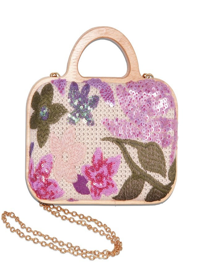 VNIMTI Floral Embroidery Sequin Clutch Evening Bag, Straw Beaded Purse for Women, Cute Ladies Wooden Handbag with Chain for Wedding, Party - Image 1